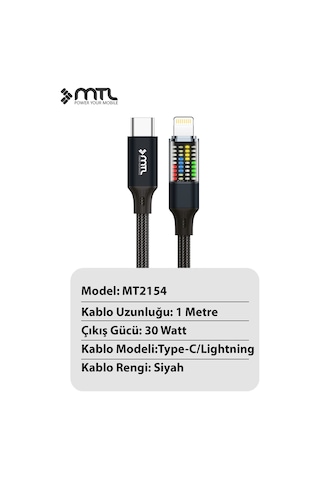 30w Pd Type-c To Apple Uyumlu iPhone Lightning Güç Durum Göstergeli Lcd Ekranlı Şarj Kablosu 1 Metre Siyah Mt2154