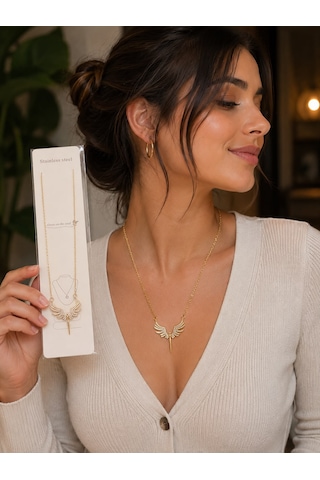 Melek Kanat Kolye Zirkon Taşlı Gold