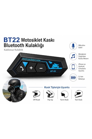 Bt22 Motorsiklet Kaskı İntercom Bluetooth Kulaklık Su Geçirmez Mikrofon Dahil Her Kask Tipine Uygun Bluetooth 5.0 Müzik Mikrofon Çağrı