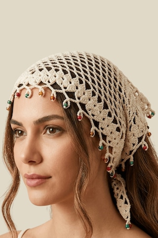 %100 El Örgüsü Boncuklu Bohem Kadın Bandana Saç Aksesuarı Krem