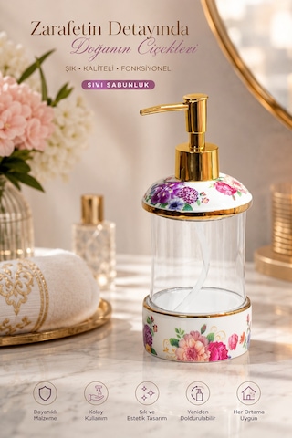 Porsima 3127 Gold Kapaklı Porselen Ve Cam Sıvı Sabunluk Çiçek Desenli Ve Şeffaf Tasarım 350 Ml Gold