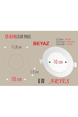Cata 10 Adet 6 Watt Slim Led Panel Beyaz Işık Metal Kasa Delik Çapı : 10,5cm Çok Renkli