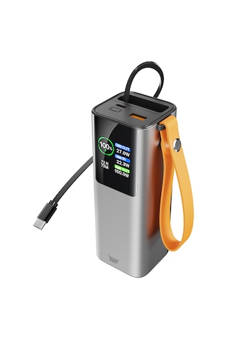 Buff Labs Buff Bp20 100w 20000mah Powerbank Dijital Ekranlı, Makaralı Dahili Type-c Kablo, Hızlı Şarj Metalik Gri
