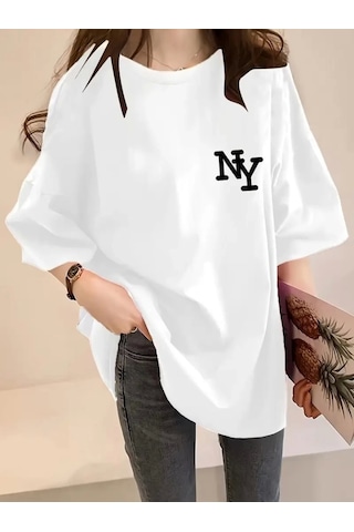 Modi Baskılı Oversize Bisiklet Yaka T-shirt - Beyaz - Mymg158989