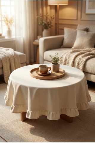 Fırfırlı Kenarlı Dekoratif Yuvarlak Fiskos Masa Örtüsü Krem 80 X 80 Cm Krem