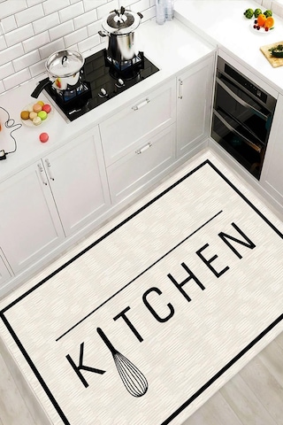 Dijital Baskılı Dekoratif Kaymaz Taban Yıkanabilir Modern Halı Mutfak Halısı Yolluk Salon Halısı Krem