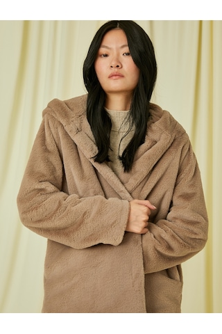 Koton Kapüşonlu Oversize Peluş Kısa Kaban Vizon 3wak00073ew Vizon