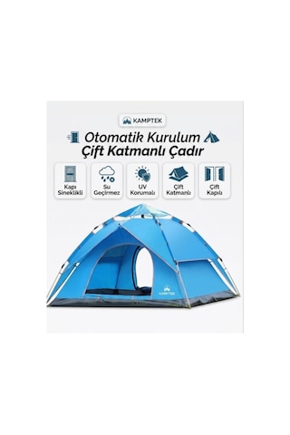 Kamptek 4 Kişilik Otomatik Kurulum Kamp Doğa Deprem Çadırı - 200x200x140 Cm - Mavi Premium Mavi