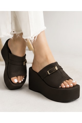 N Napa Shoe Np.9555.kahve Saten Napa Shoe Kadın Dolgu Topuk Platform Terlik Tokalı Günlük Şık Yazlık Terlik Kahverengi