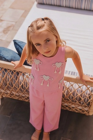 Fesshera Kids Kız Çocuk Takım Kalpli Fiyonk Desenli Üst Ve Beli Lastikli Pantolon Alt Ve Üst Pembe