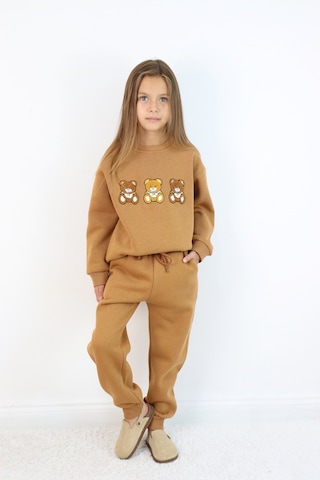 Kız Çocuk 3'lü Ayıcık Nakışlı 3 İplik Oversize Şardonlu Takım Kahverengi