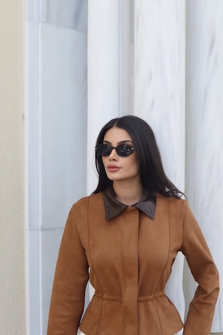 Kechi Woman Süet Kumaş Deri Yaka Ceket Taba