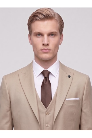 Tk6896 Erkek 3 Parça Slim Fit Çift Yırtmaçlı Takım Elbise Yelekli Şık Klasik Takım 6 Drop Camel