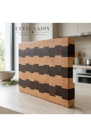 Nfzz Ceviz Ladin End Grain Kesme Tahtası 41x26x4 Cm Masif Ahşap Kasap Bloku Kahverengi - Krem
