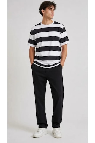 Modi Erkek Çizgili Oversize Tişört Bisiklet Yaka Kısa Kol Yazlık T-shirt - Siyah Açık Lacivert - Gri - Siyah