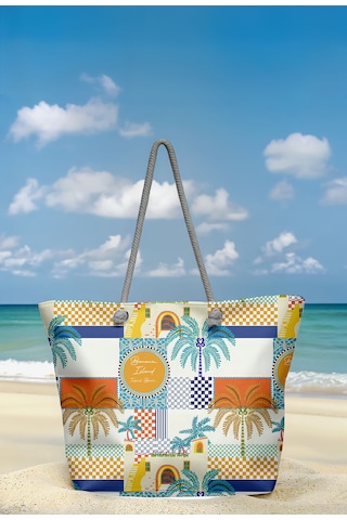 Miami Beach Tropikal Patchwork Desenli Geniş Hacimli Astarlı Kadın Plaj Çantası Renkli