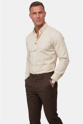 Deep Sea Deepsea Krem Slim Fit Likralı Kolay Ütülenebilir Gizli Düğmeli Erkek Gömlek 2602614