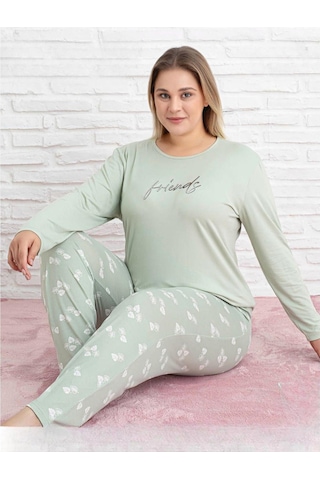Pijamoni Kadın Milan Büyük Beden Bisiklet Yaka Uzun Kol İnce Pijama Takımı 7666/28 - 1 Adet Yeşil