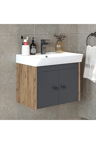 Ada Lavabolu Mat Suntalam Banyo Alt Dolabı 60 Cm Atlantik Çam - Antrasit