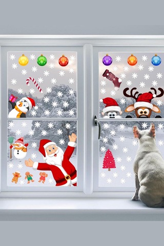 Yılbaşı Sticker Noel Baba Geyik Penguen ve Kar Taneleri Cam Duvar Süsü