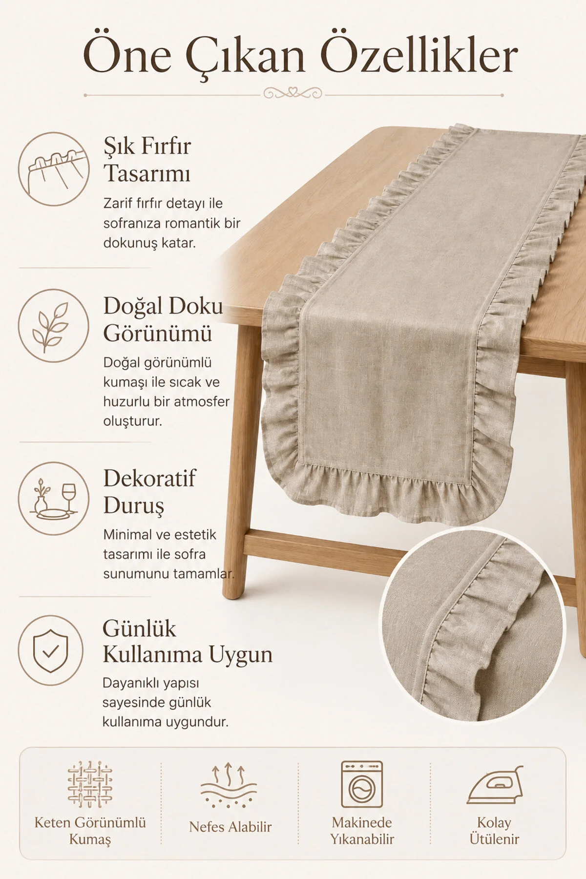 Morlay Kahve Fırfırlı Runner Masa Örtüsü 40x150cm