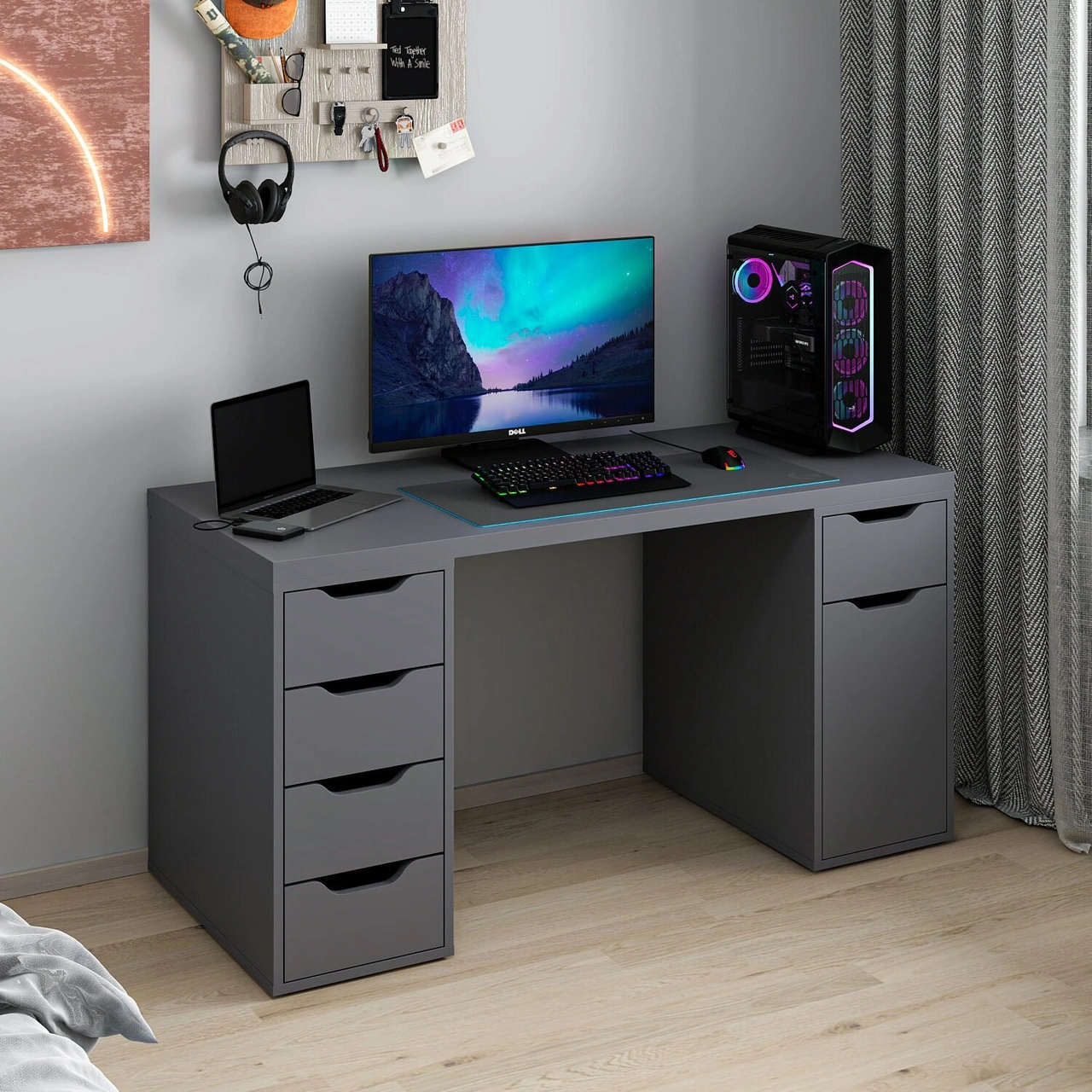 Alen 150 Cm 5 Çekmeceli Dolaplı Çalışma & Oyuncu Masası - Antrasit Siyah