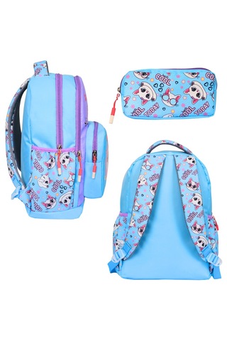 Kedi Baskılı Mavi, 3 Lü İlkokul Kız Çocuk Beslenmeli Ve Kalemlikl