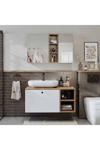 Lavabolu Mdf 95 Cm Lotus Oval Lavabolu Dolap Atlantik Çam Beyaz Atlantik Çam - Beyaz