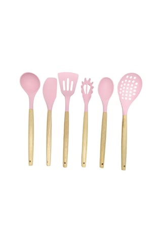 Ivory Doğal Bambu Saplı %100 Silikon Mutfak Seti 6 Parça Pembe Pembe