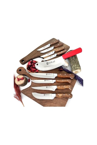 Sürlaz Pro 9 Parça Bıçak Seti Çeyizlik Bıçak Serisi Kahverengi - Kırmızı