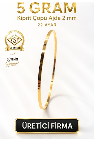 22 Ayar Tse Belgeli 5 Gram 2 Mm Kibrit Çöpü Ajda Altın Bilezik İşçiliksiz