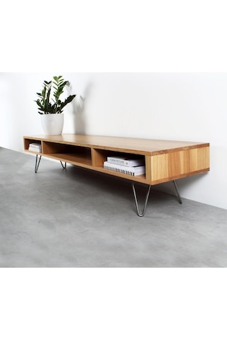 Oak Bölmeli Doğal Ahşap Masif Panel Tv Ünitesi Siyah