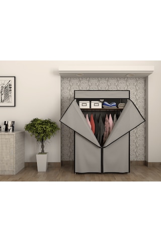 Çelik Borulu Plastik Raflı Gri Bez Dolap Gardırop Gri