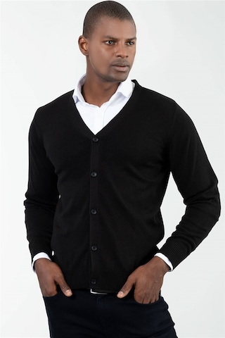 Tudors Slim Fit Dar Kesim Düğmeli Düz Pamuk Erkek Hırka-12697 Siyah