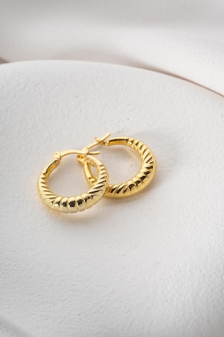 925 Ayar Gümüş Gold Rengi Çizgili Model 20 Mm Şarnel Küpe Gold