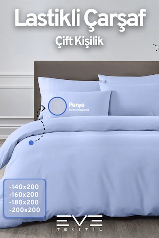 Eve Tekstil Fitted Yüksek Kaliteli Penye Kumaş Çift Kişilik Lastikli Çarşaf Mavi