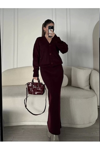 V Yaka 3 Düğmeli Hırka Takım Triko İkili Etekli - Bordo Bordo