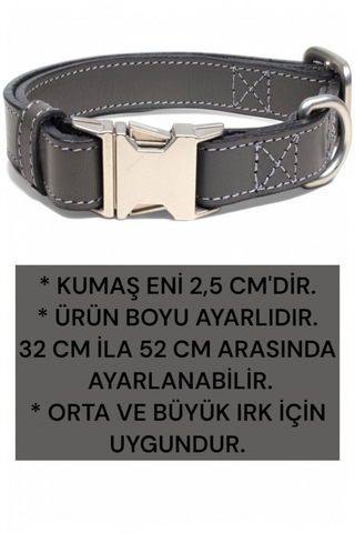 Hakiki Deri Köpek Boyun Tasması, Kişiye Özel Künyeli Lux Seri Gr Gri