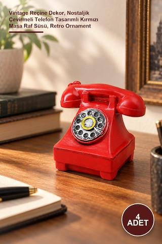 4 Adet Ankesörlü Telefon Biblosu Vintage Reçine Dekor, Nostaljik Çevirmeli Telefon Tasarımlı Kırmızı Masa Raf Süsü, Retro Ornament