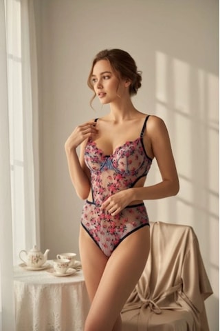 Arona Kadın Transparan Çiçek Desenli Tül Siyah Bodysuit Siyah Çiçekli