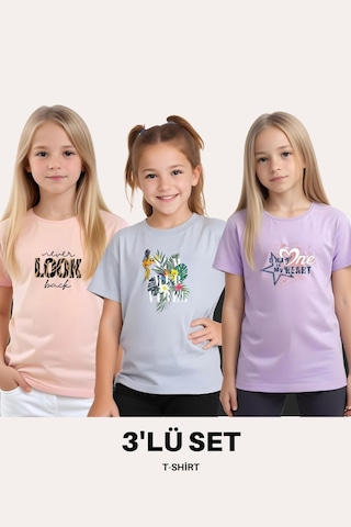 Fyk Kids Kız Çocuk 3'lü Happines- Honey-sassy Baskılı Tişört Çok Renkli