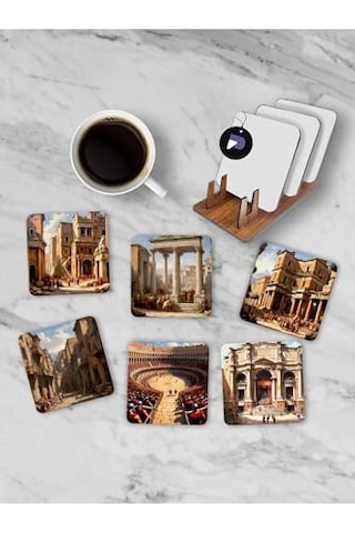 Antik Roma Standlı Ahşap Bardak Altlığı Seti 6 Adet Baskılı Bardak Fincan Kahve Altlığı Genel