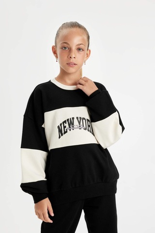 Defacto Kız Çocuk Siyah Oversize Geniş Kalıp Bisiklet Yaka Baskılı Sweatshirt D1105A824AUBK81 Siyah