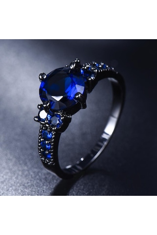 Vintage Mavi Yuvarlak Kristal Siyah Altın Renk Yüzük Alyanslar Kadınlar Için Aşk Promise Nişan Takı 5 Çok Renkli
