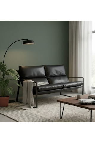 Sller Modern İkili Koltuk - Loft Tasarım Deri/kumaş Bahçe Ve Balkon Kanepesi - Metal İskeletli 130 Cm Siyah