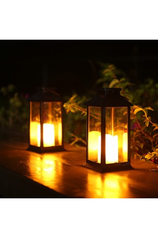 Xindoker 2 Adet Siyah Güneş Enerjili Fener Mum: Yumuşak Isık, Alevli Efekt, Otomatik Açılma, Balkon Bahçe Dekorasyonu