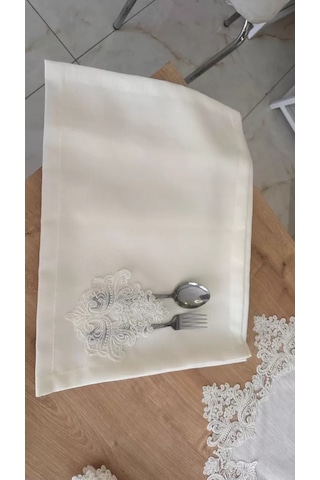 Sofra Takımı Mimoza Gardenya Keten Yemek Takımı 160x220 Masa Seti 26 Parça Runner Set Krem