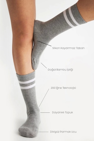 Bambu Kadın Gri Kaydırmaz Taban Silikon Baskı Yoga Fitness Pilates Bale Dans Tenis Çorabı Çok Renkli