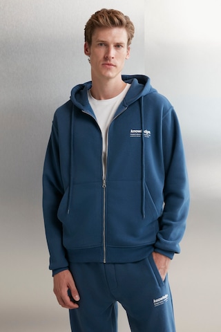 Grımelange Aksel Erkek Yumuşacık Organik Pamuk Oversize Fermuarlı Baskılı Kapüşonlu Mavi Sweatshirt Mavi