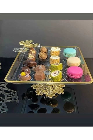 Elta Collection Gold Kelebek Detaylı Şık Ayaklı Kare Sunumluk Ikramlık Kurabiyelik Şeffaf
